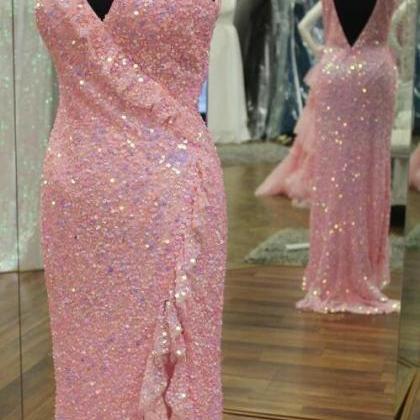 Pink Iridescent Sequin V-neck Backless Long Prom..