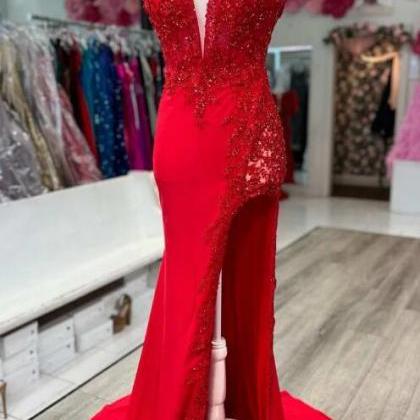 Red Applique Plunge V Mermaid Long Formal Dress..