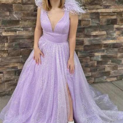 Lilac Sequin Feather V-neck A-line Long Prom Dress..