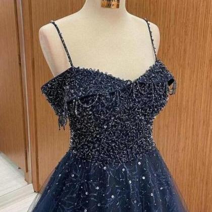Navy Blue Beaded Straps A-line Prom Dress