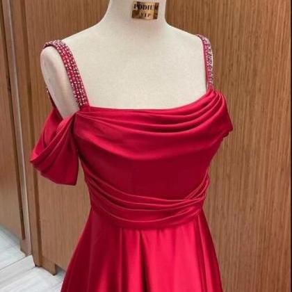 Red Satin Cold-shoulder A-line Prom Dress