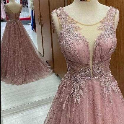 Dusty Pink Floral Lace Sheer Straps A-line Prom..