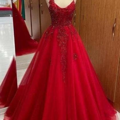 Red Tulle And Lace Scoop Neck A-line Prom Dress