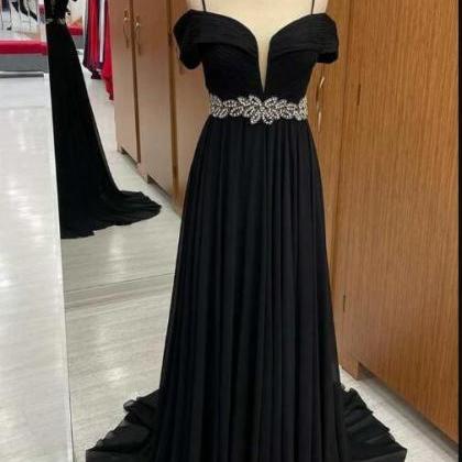 Black Cold-shoulder Belted Waist A-line Prom Dress