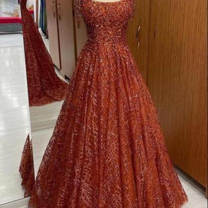 Rust Sequin Beaded Square Neck A-line Prom Dress..