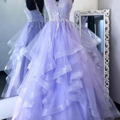 Lavender Lace Tulle V-neck A-line Tiered Prom..
