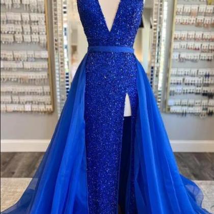 Blue Sequin Halter Long Prom Dress With Attached..