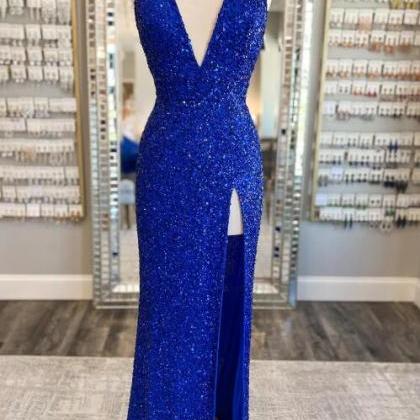 Blue Sequin Halter Long Prom Dress With Attached..