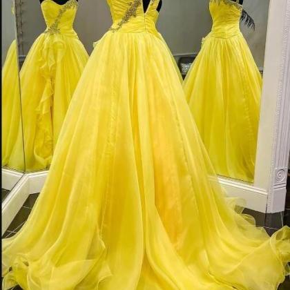One-shoulder Yellow Beaded Ruffles Long Prom Gown