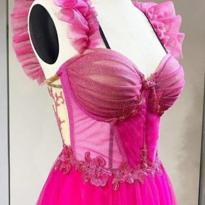 Magenta Tulle Ruffles Bustier A-line Prom Dress