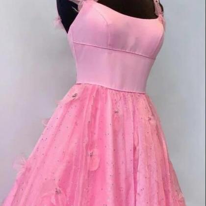 Pink 3d Floral Lace Scoop Neck A-line Prom Dress