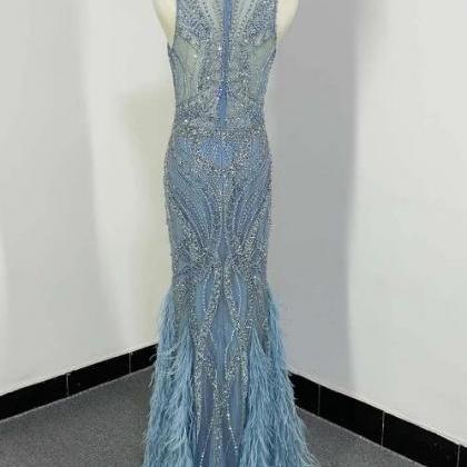Blue Beaded Feather V-neck Mermaid Long Prom Dress