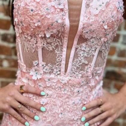 Pink Floral Lace Split Neck Mermaid Long Prom..