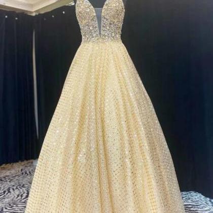 Fairy-tale Yellow Beaded Plunge Neck A-line Prom..