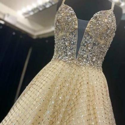 Fairy-tale Yellow Beaded Plunge Neck A-line Prom..