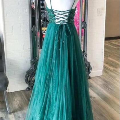 Green Beaded Lace-up A-line Prom Dress