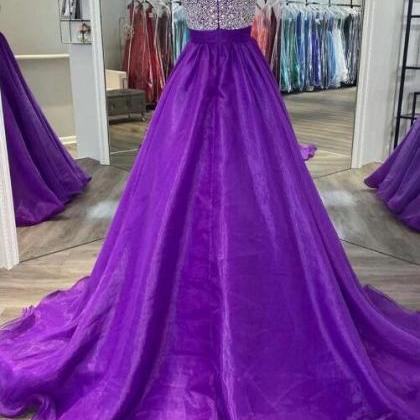 Purple Beaded Square Neck A-line Long Prom Gown