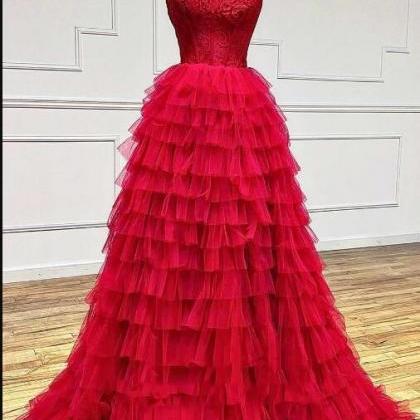 One-shoulder Red Lace A-line Tiered Dress With..