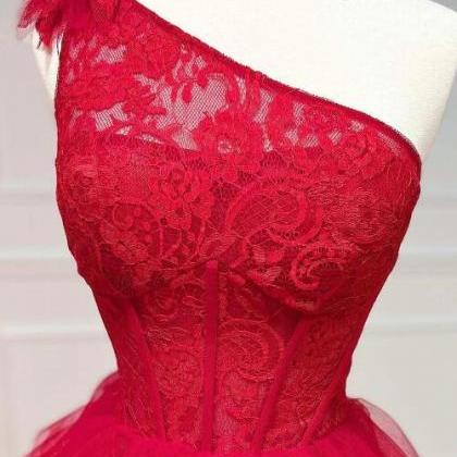One-shoulder Red Lace A-line Tiered Dress With..
