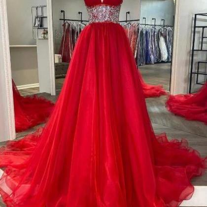 Red Beaded Halter Backless A-line Long Prom Gown