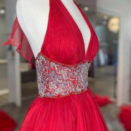 Red Beaded Halter Backless A-line Long Prom Gown