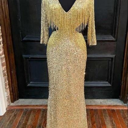 Gold Sequin V-neck Half Sleeve Fringes Long Prom..