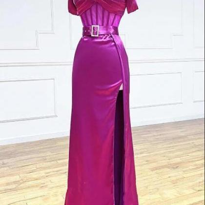 Magenta Sweetheart Belted Sheath Prom Dress With..