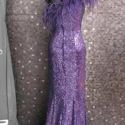 Purple Sequin Feather One-shoulder Prom Dress With..