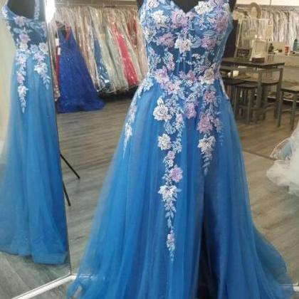 Blue Floral Lace Sweetheart A-line Prom Dress With..