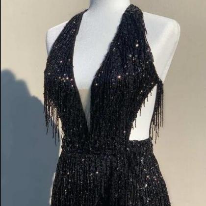 Black Sequin Fringe Halter Long Prom Dress With..