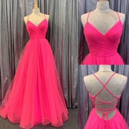A-Line Hot Pink Applique Lace-Up Long Formal Dress VK23101107