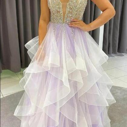 Gorgeous Beaded Lavender Layers Long Formal Dress