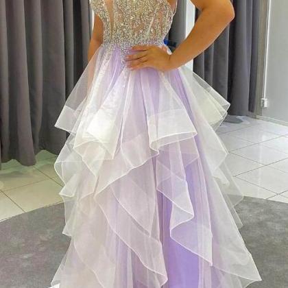 Gorgeous Beaded Lavender Layers Long Formal Dress