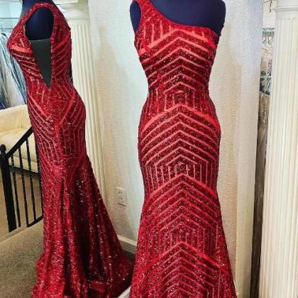 One Shoulder Wine Red Sequins Mermaid Long Dress