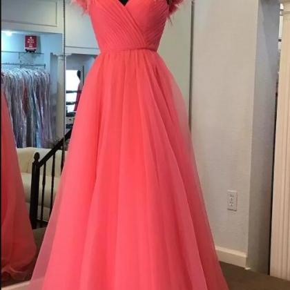 Pink Princess Off-the-shoulder Feather A-line Prom..