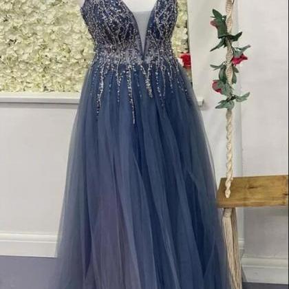 Navy Blue Tulle V-neck Backless Beaded Long Prom Dress on Luulla