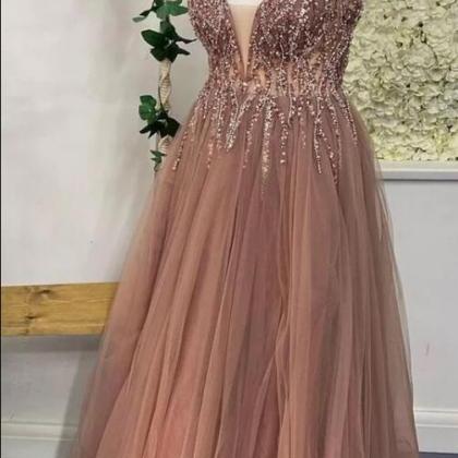 Navy A-line Sparkly Deep V-neck Backless Tulle Charming Prom Dress,DP661