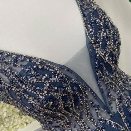 Navy Blue Tulle V-neck Backless Beaded Long Prom Dress on Luulla