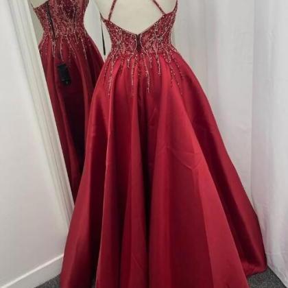 Red Satin Beaded V-neck Backless Long Prom Dress