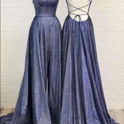 Navy Blue Sequin Backless A-line Prom Dress