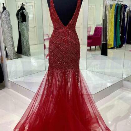 Red Sequin And Tulle Block V-neck Backless Mermaid..
