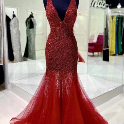 Red Sequin And Tulle Block V-neck Backless Mermaid..