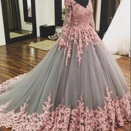 Unique V Neck Pink Lace Tulle Long Prom Dress,..