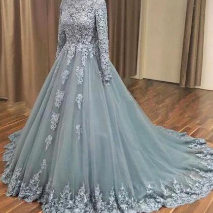 Gray Tulle Lace Applique Long Prom Dress, Gray..