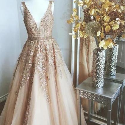 Champagne V Neck Tulle Lace Long Prom Dress,..