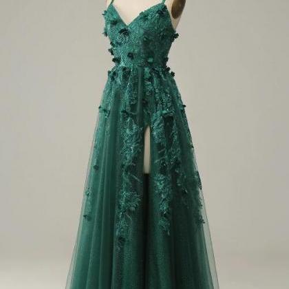 Dark Green A Line Tulle Prom Dress With Slit
