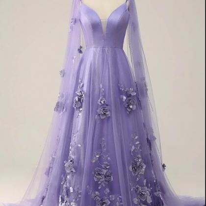 Purple Watteau Train Prom Dress With 3d Flowers