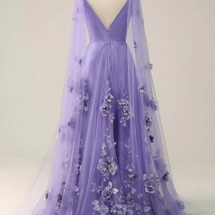 Purple Watteau Train Prom Dress With 3d Flowers
