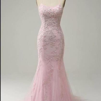 Mermaid Spaghetti Straps Light Pink Long Prom..