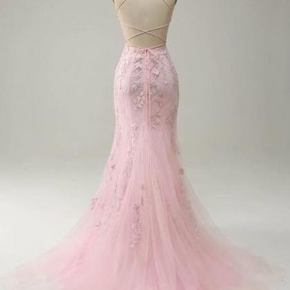 Mermaid Spaghetti Straps Light Pink Long Prom..